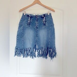 Vintage Route 66 DIY Fringe Denim Midi Skirt | Size 10